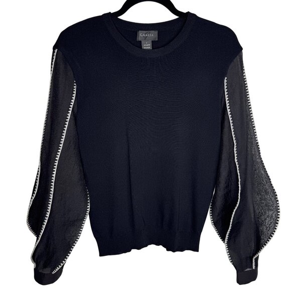 Gracia Dark Romantic Black Sheer Balloon Sleeve Maximalist Sweater Sz Large - Picture 1 of 5